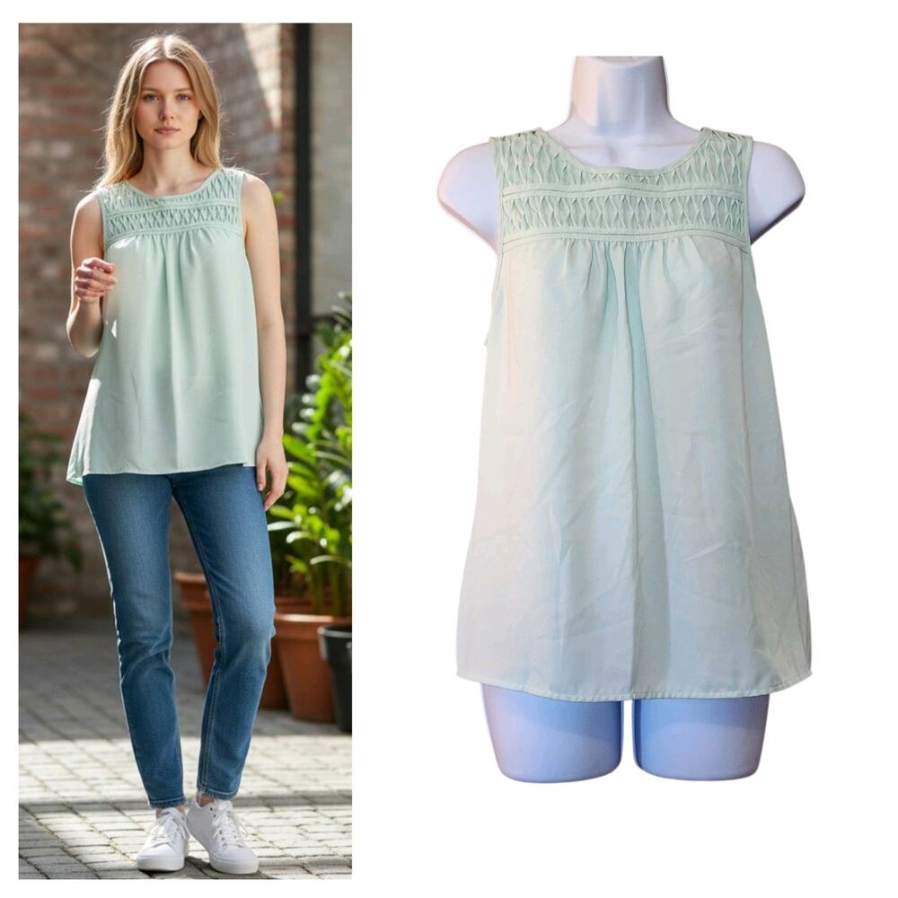 Elle Womens Pullover Blouse Size M Seafoam Green Sleeveless Keyhole Ruched Top